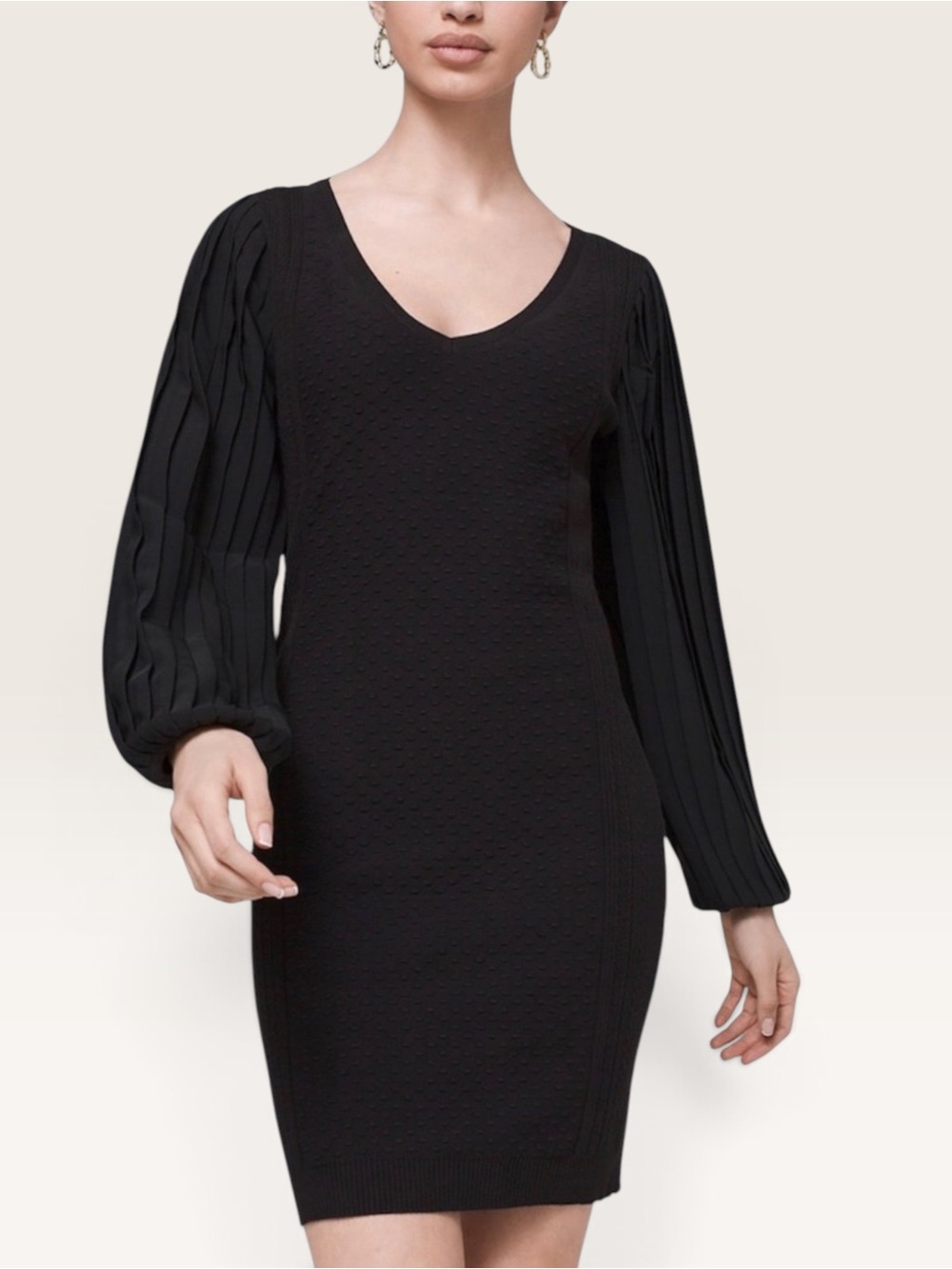 🌺WHBM-BLACK PLEATED BALLON SLEEVES TEXTURE POLKA DOT KNIT SWEATER MINI DRESS